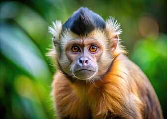 Naklejka premium A curious tufted capuchin monkey with a distinctive tuft of hair on its forehead explores its tropical rainforest habitat with agility and precision.