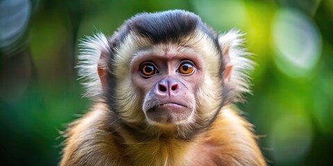 A curious tufted capuchin monkey with distinctive white forehead tufts and brown fur perks up in alert posture, gazing intently at its surroundings.