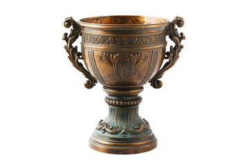 A bronze trophy with ornate details and two handles.