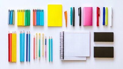 Obraz premium white background with a neatly arranged collection of office stationery such as pens, notebooks, and sticky notes.
