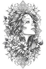 Womans Head with Flowers very simple traditional tattoo flash styles illustration