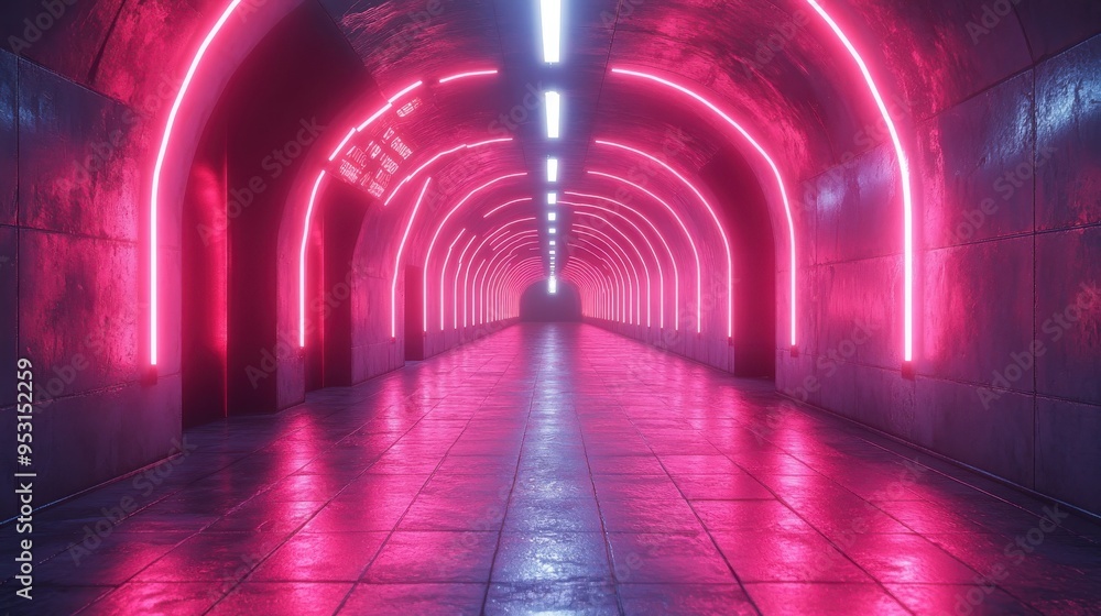 Aufkleber 3d animation of cycle3d moving through an endless tunnel made of glowing neon geometric stars and la