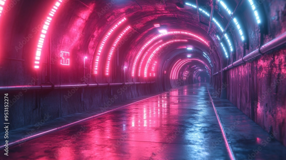 Poster 3d animation of cycle3d moving through an endless tunnel made of glowing neon geometric stars and la