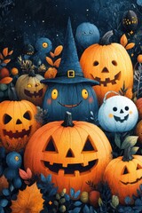 Happy Halloween Seamless Pattern with Cheerful Monsters, Jack-o'-Lanterns, and Trick-or-Treat Bags