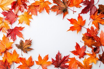 Fototapeta premium Autumn Maple Leaves Flat Lay White Background created with Generative AI
