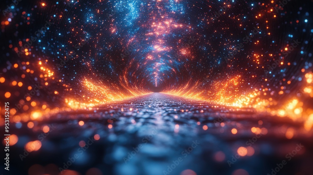 Aufkleber 3d animation of a flight inside an abstract cosmic tunnel of hyperspace with bright rays and glowing