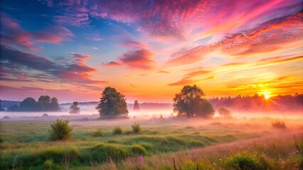 Serene sunrise over foggy meadow, a breathtaking landscape of a rolling meadow bathed in the soft warm glow of sunrise with vibrant pink and orange hues in the sky and a gentle mis