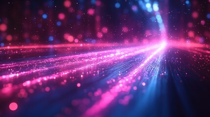 Abstract 3D animation background of gliding neon pink and blue lines with flashing lens flares.
