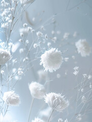  Ethereal white floral arrangement with dried grasses and feathers against a light blue background, exuding a delicate and soft high-definition aesthetic.