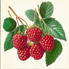 Vintage Raspberry Illustration: A delicate and intricate botanical illustration of ripe raspberries on a branch, showcasing their ruby-red hues and intricate details, perfect for adding a touch of nat