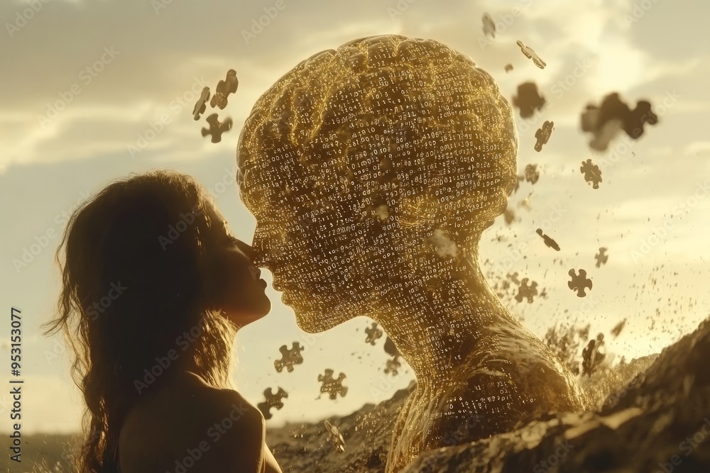 Poster mind affection surreal digital artwork of a couples faces dissolving into natural elements symbolizi