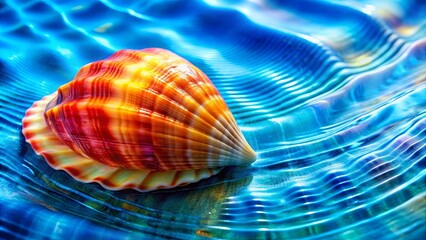 Close up of colorful shell on vibrant blue background with water ripples