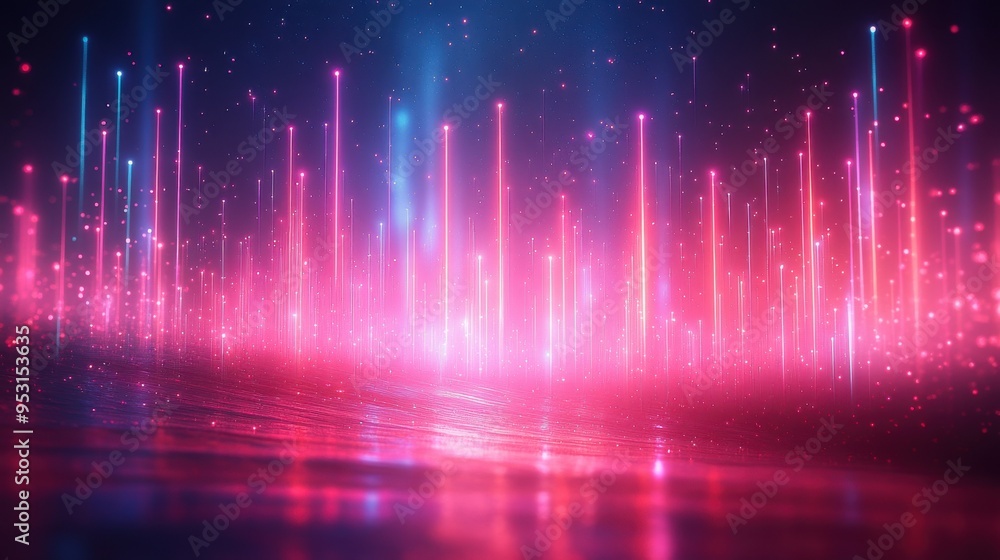 Poster 3d abstract animation with pink and blue vertical neon lines and glowing trails slides up and fades 
