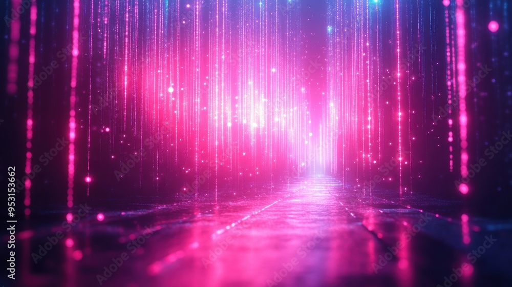 Poster 3d abstract animation with pink and blue vertical neon lines and glowing trails slides up and fades 
