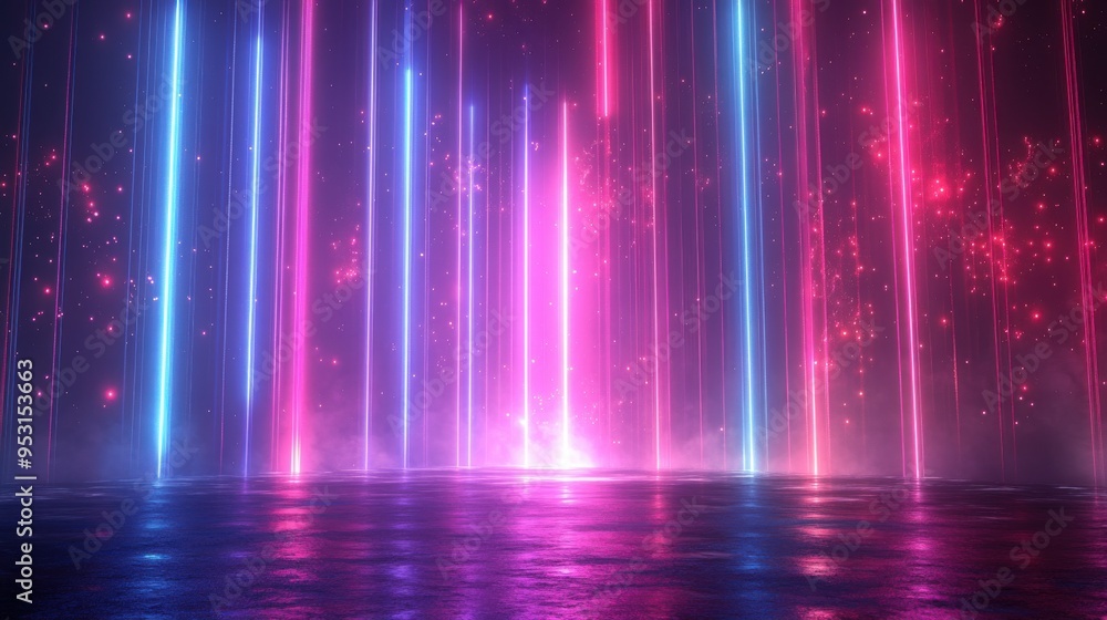Poster 3d abstract animation with pink and blue vertical neon lines and glowing trails slides up and fades 