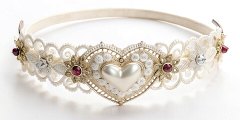 A delicate, satin heart-shaped headband adorned with intricate lace details and sparkling gemstones adds a touch of romance to any hairstyle or outfit.