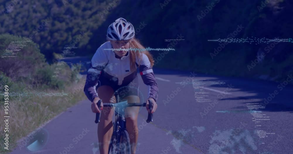 Poster cyclist on road with data processing animation over blue background