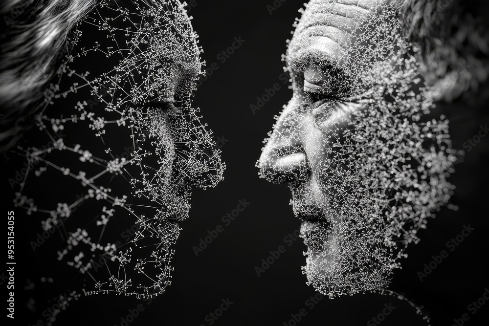 Poster imagination affection abstract digital art of two elderly faces dissolving into particles symbolizin