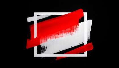 empty skewed vibrant red brushstroke, white square frame, isolated black background, copy space title text template mockup poster promotions advertising badge banner sale.