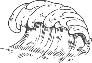 Surfing wave sketch. Ocean flow ink drawing