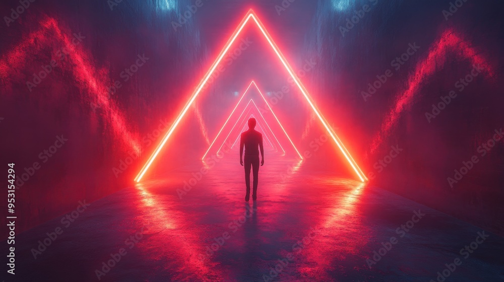 Poster 3d animation of a crystal man dancing inside a triangular neon tunnel during a musical performance w