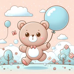 Naklejka premium Teddy bear run floating with a bubble balloon cute toy.