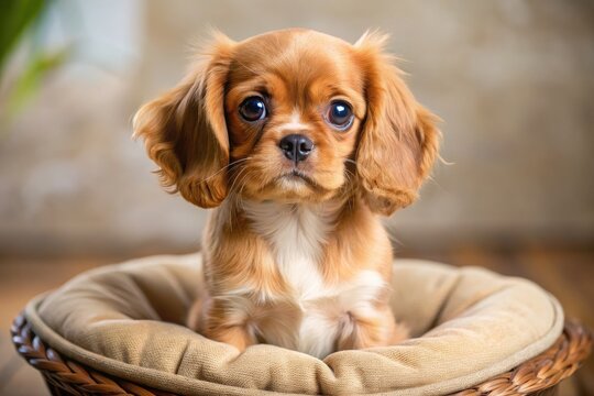 Adorable English Toy Spaniel Puppy Sitting On A Plush Pillow, Looking Up With Its Big Brown Eyes