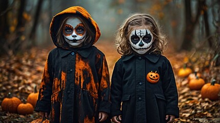 Two  cute little child celebrating Halloween with Halloween mask and costume 