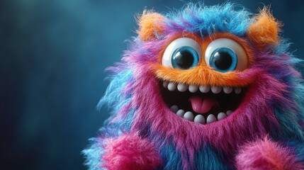Fototapeta premium Colorful furry monster mascot dancing in a funny 3D animation on a violet blue background.