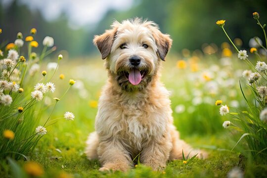 Adorable fluffy Wheaten Terrier puppy sits on a green meadow, surrounded by blooming wildflowers, smiling brightly with its tongue out and ears flapping.