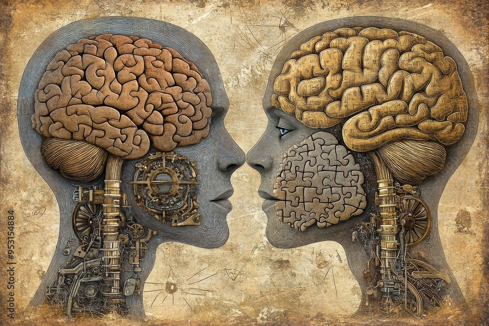 Poster mind heart rustic digital illustration of two human profiles with intricate brain patterns symbolizi