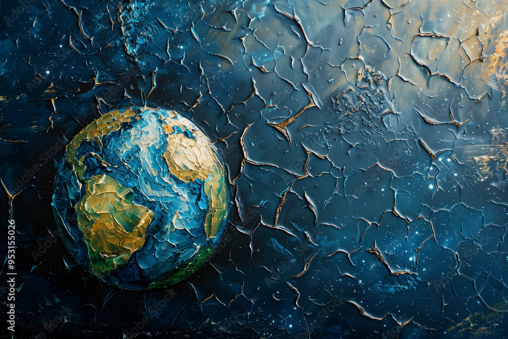 Poster painting planet earth in outer space. with structure crackle background effect.