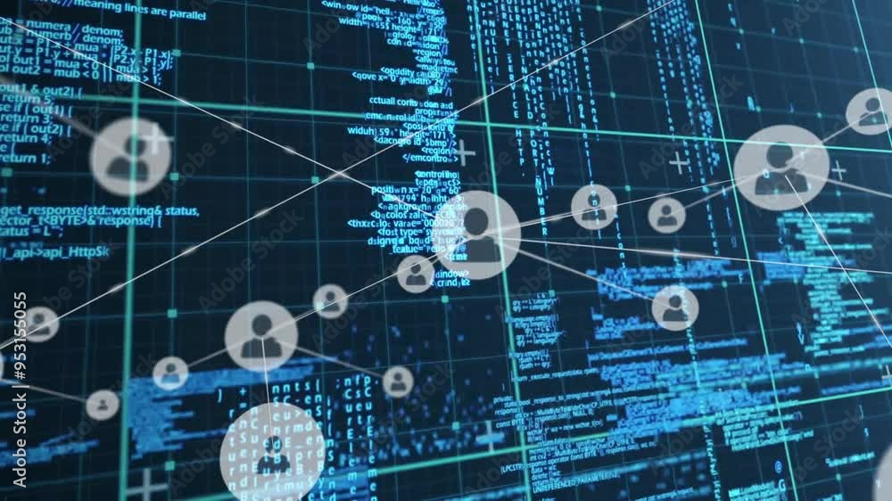 Poster network of connections and data processing animation over blue digital code