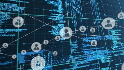 Network of connections and data processing animation over blue digital code