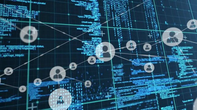 Network of connections and data processing animation over blue digital code