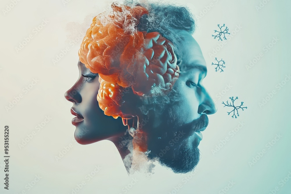 Poster focus heart surreal digital art of two faces dissolving into colorful clouds representing the ethere