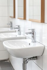 Modern public restroom with clean white sinks, shiny chrome faucets, mirrors, and tiled walls, emphasizing hygiene and contemporary design.