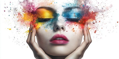 Vivid artistic makeup with splashes of color on a woman's face, expressing creativity and vibrant beauty in an abstract fashion.