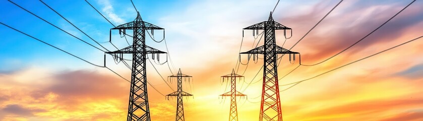 High voltage power lines and towers silhouetted against a vibrant sunset sky, representing energy and electricity transmission.
