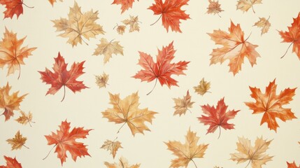 Fototapeta premium A classic North American wallpaper with a repeating pattern of maple leaves in autumnal shades of red, orange, and gold on a cream background. The design is concentrated along the top and bottom