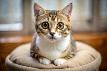 Adorable Ukrainian Levkoy cat with folded ears and large eyes sits on a soft cushion, showcasing its unique features and endearing expression.