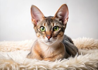 Adorable whiskered feline with striking pointed ears and vibrant coat patterns in shades of cream, brown, and grey, lounging on a soft white background.