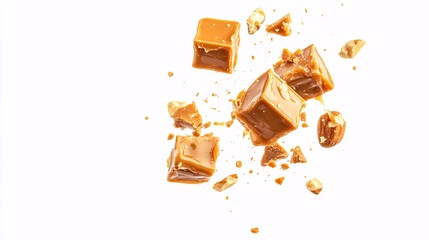 A dynamic splash of caramel cubes and crushed nuts on a white background.