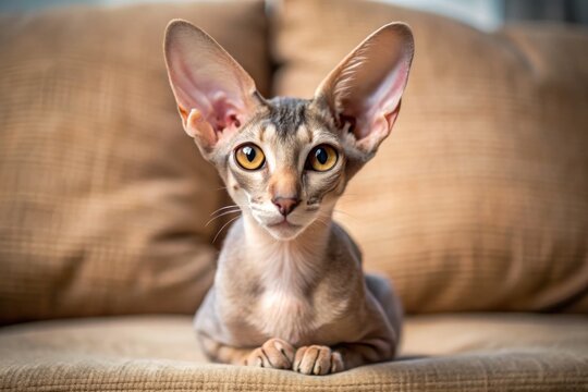 Adorable Ukrainian Levkoy cat with large ears and folded face sits on a soft couch, showcasing its unique breed features and playful personality.