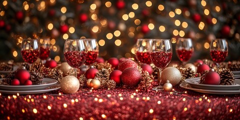Festive Christmas Table Setting: A rustic wooden table adorned with a festive Christmas table setting, complete with red ornaments, candles, and twinkling lights. The perfect backdrop for a holiday.