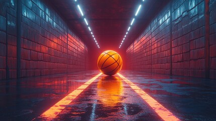 continuous looping animation sequence of a spinning 3D virtual playground with a neon basketball field in perspective view
