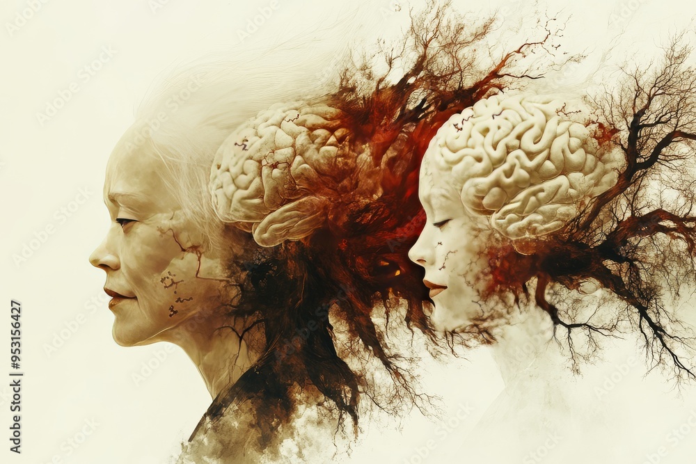 Poster cognitive heart mysterious digital artwork of two profiles dissolving into cosmic dust symbolizing e