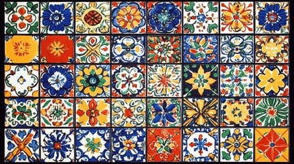 A richly detailed South American wallpaper with a repeating pattern of traditional Mexican Talavera tiles in bold colors. The tiles form a symmetrical border around a large blank central area,