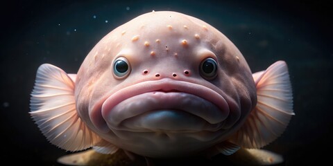 A gelatinous, pinkish-brown blobfish with a perpetually sad expression and soft, rounded body floats listlessly in the dark, mysterious depths of the ocean.