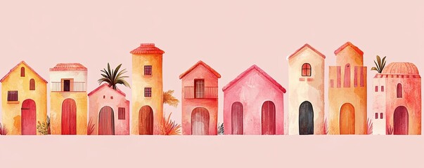 Obraz premium Desert Oasis: A whimsical watercolor painting of a desert dwelling, featuring a vibrant terracotta-colored wall, cacti, and a inviting arched doorway. It evokes a sense of tranquility and escape.